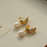 Geometric Striped J - Drop Earrings with Freshwater Pearl - floysun