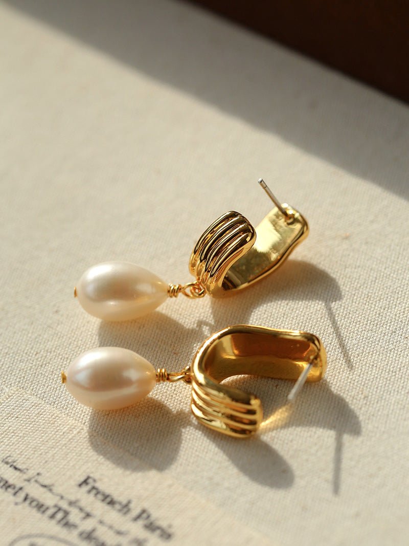 Geometric Striped J - Drop Earrings with Freshwater Pearl - floysun