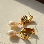 Geometric Striped J - Drop Earrings with Freshwater Pearl - floysun