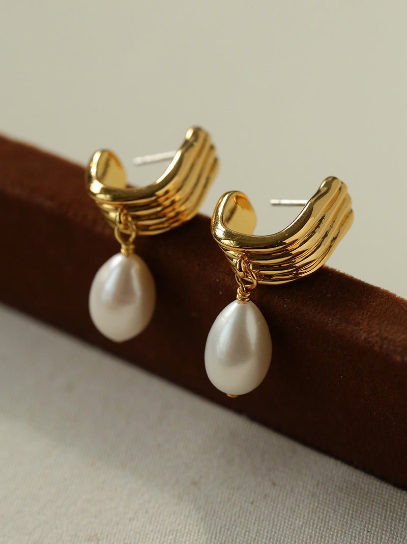 Geometric Striped J - Drop Earrings with Freshwater Pearl - floysun