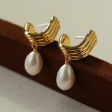 Geometric Striped J - Drop Earrings with Freshwater Pearl - floysun