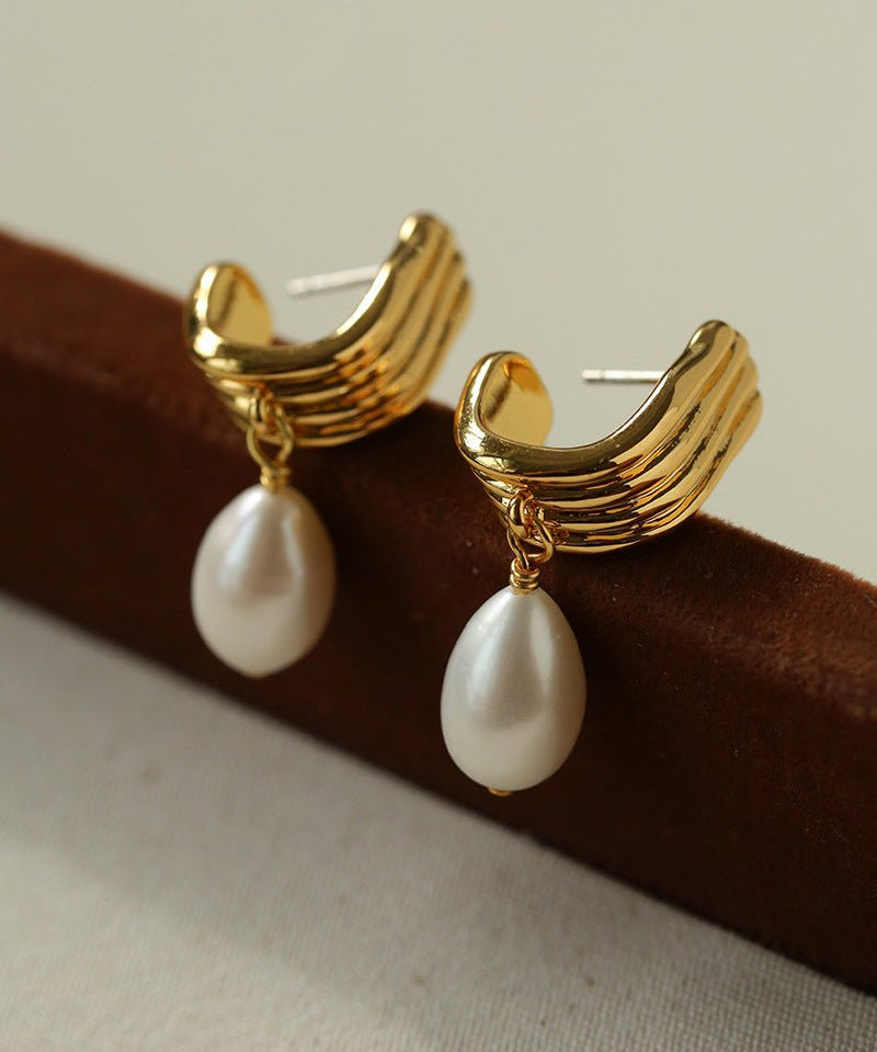 Geometric Striped J - Drop Earrings with Freshwater Pearl - floysun