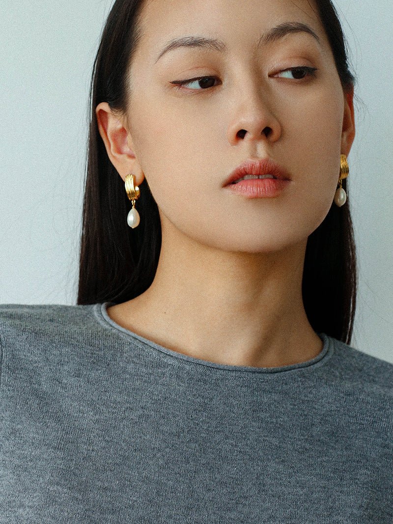 Geometric Striped J - Drop Earrings with Freshwater Pearl - floysun