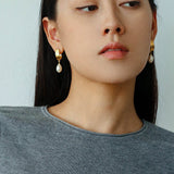 Geometric Striped J - Drop Earrings with Freshwater Pearl - floysun