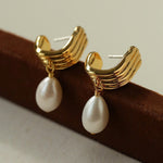 Geometric Striped J - Drop Earrings with Freshwater Pearl - floysun