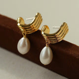 Geometric Striped J - Drop Earrings with Freshwater Pearl - floysun