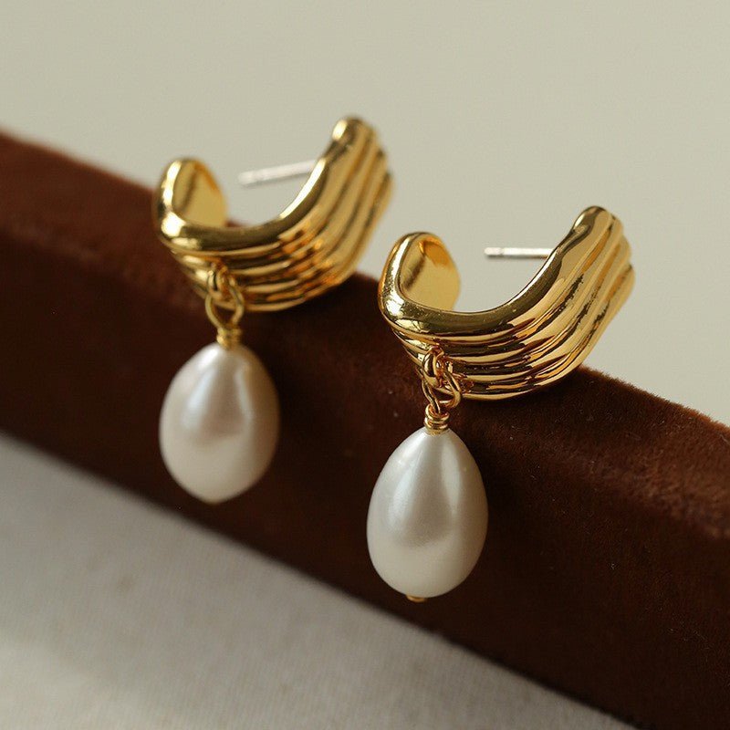 Geometric Striped J - Drop Earrings with Freshwater Pearl - floysun