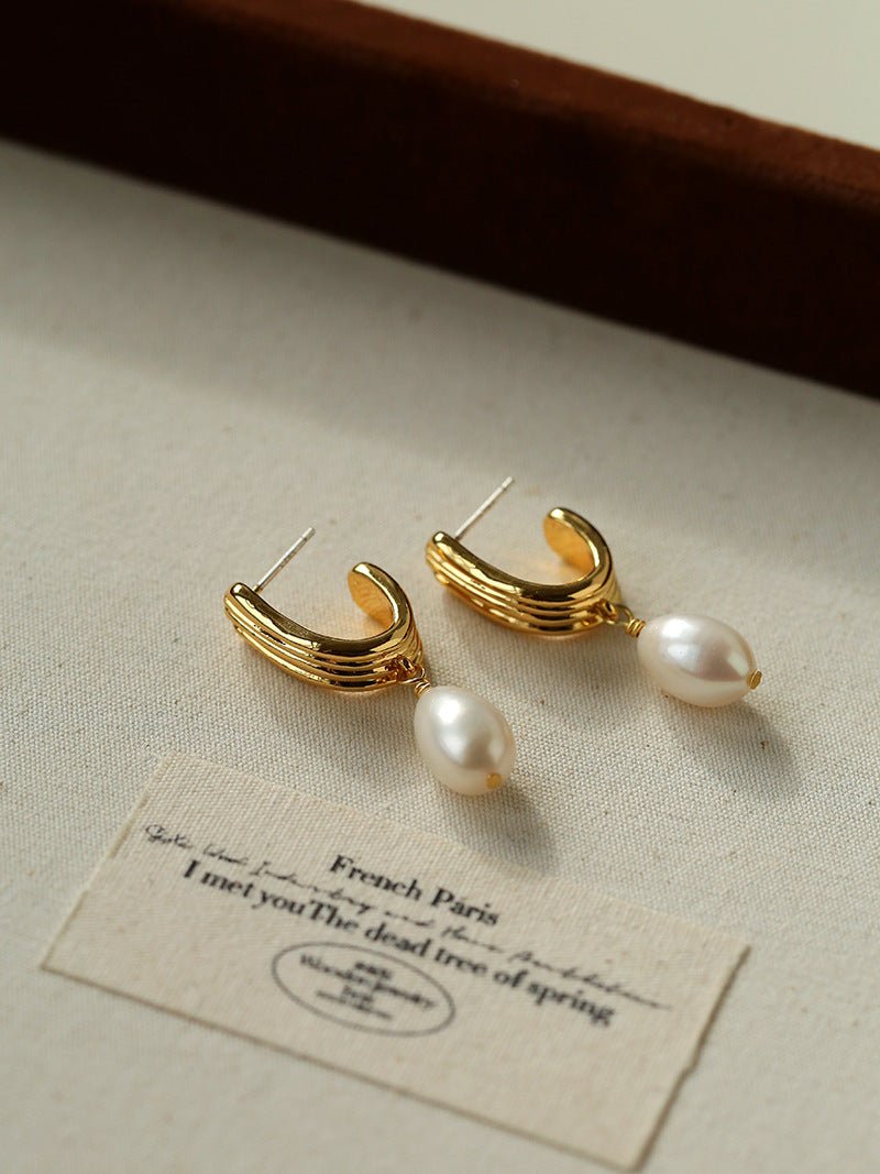 Geometric Striped J - Drop Earrings with Freshwater Pearl - floysun