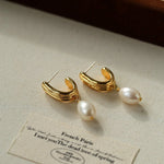 Geometric Striped J - Drop Earrings with Freshwater Pearl - floysun