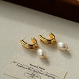 Geometric Striped J - Drop Earrings with Freshwater Pearl - floysun