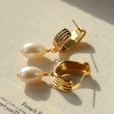 Geometric Striped J - Drop Earrings with Freshwater Pearl - floysun