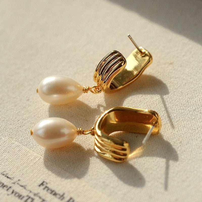 Geometric Striped J - Drop Earrings with Freshwater Pearl - floysun