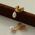 Geometric Striped J - Drop Earrings with Freshwater Pearl - floysun