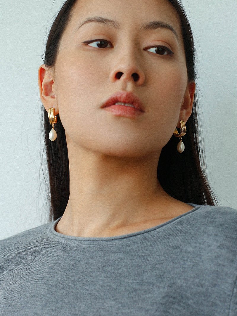 Geometric Striped J - Drop Earrings with Freshwater Pearl - floysun
