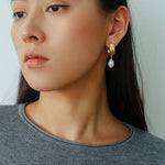 Geometric Striped J - Drop Earrings with Freshwater Pearl - floysun