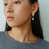 Geometric Striped J - Drop Earrings with Freshwater Pearl - floysun