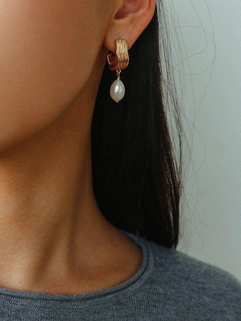 Geometric Striped J - Drop Earrings with Freshwater Pearl - floysun