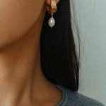 Geometric Striped J - Drop Earrings with Freshwater Pearl - floysun