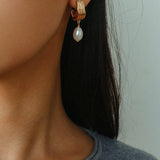 Geometric Striped J - Drop Earrings with Freshwater Pearl - floysun