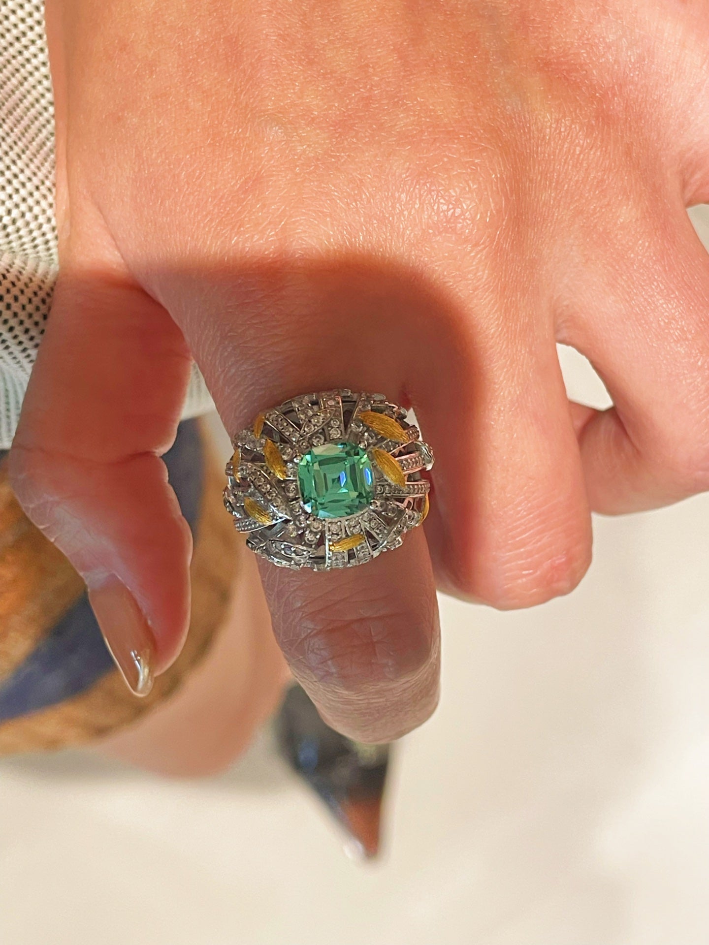 Gold Brushed Leaf Palace - Inspired Green Tourmaline Ring - floysun