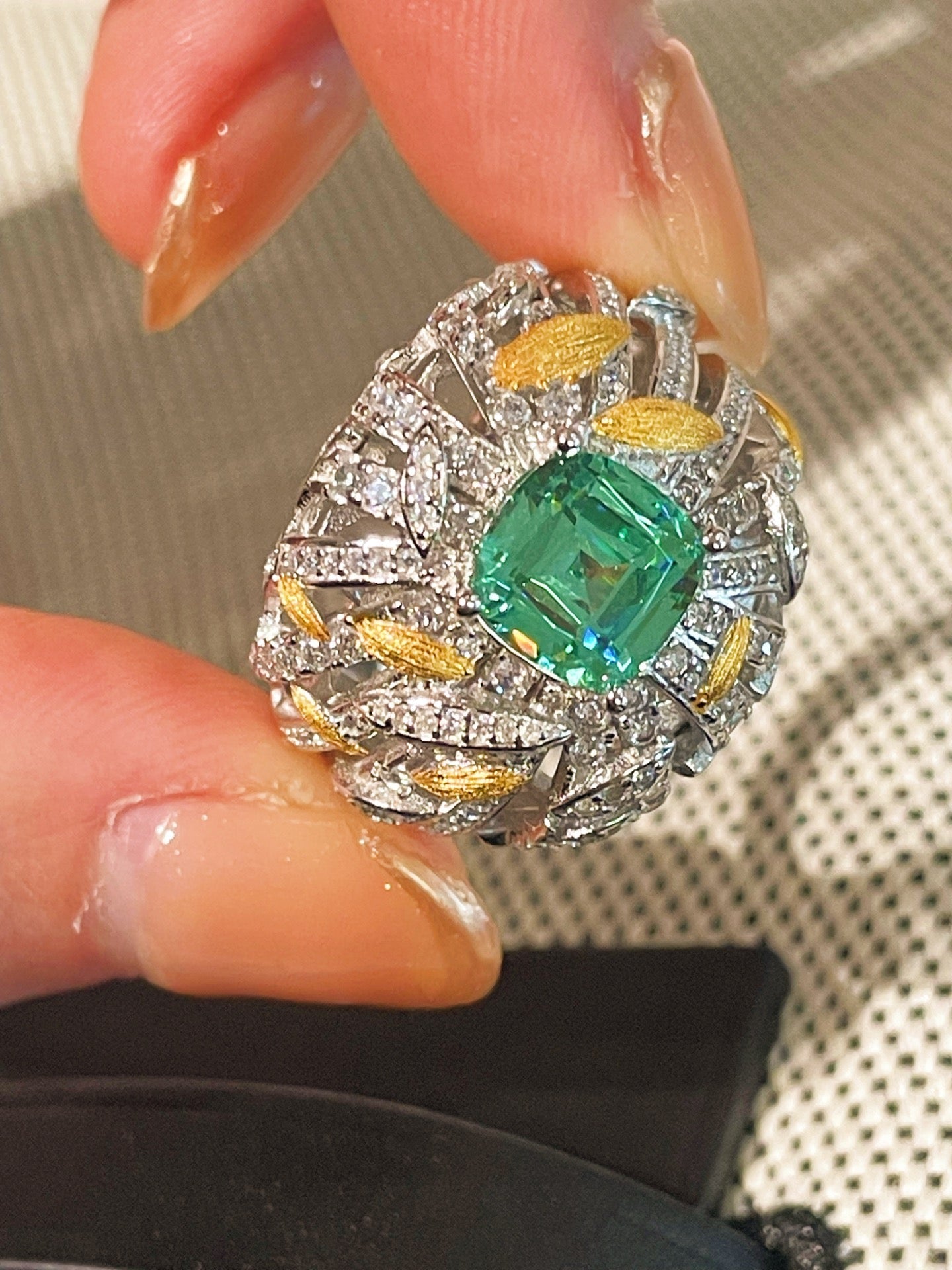 Gold Brushed Leaf Palace - Inspired Green Tourmaline Ring - floysun