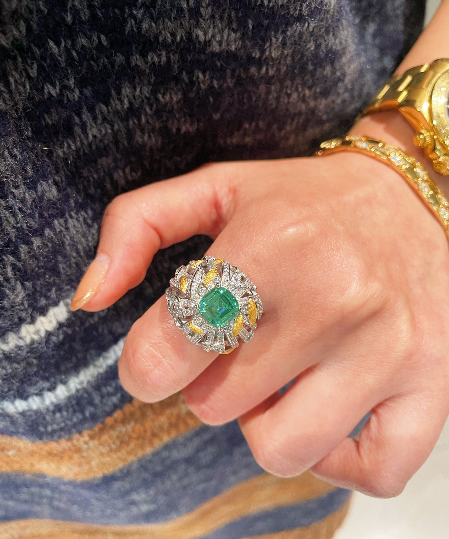 Gold Brushed Leaf Palace - Inspired Green Tourmaline Ring - floysun