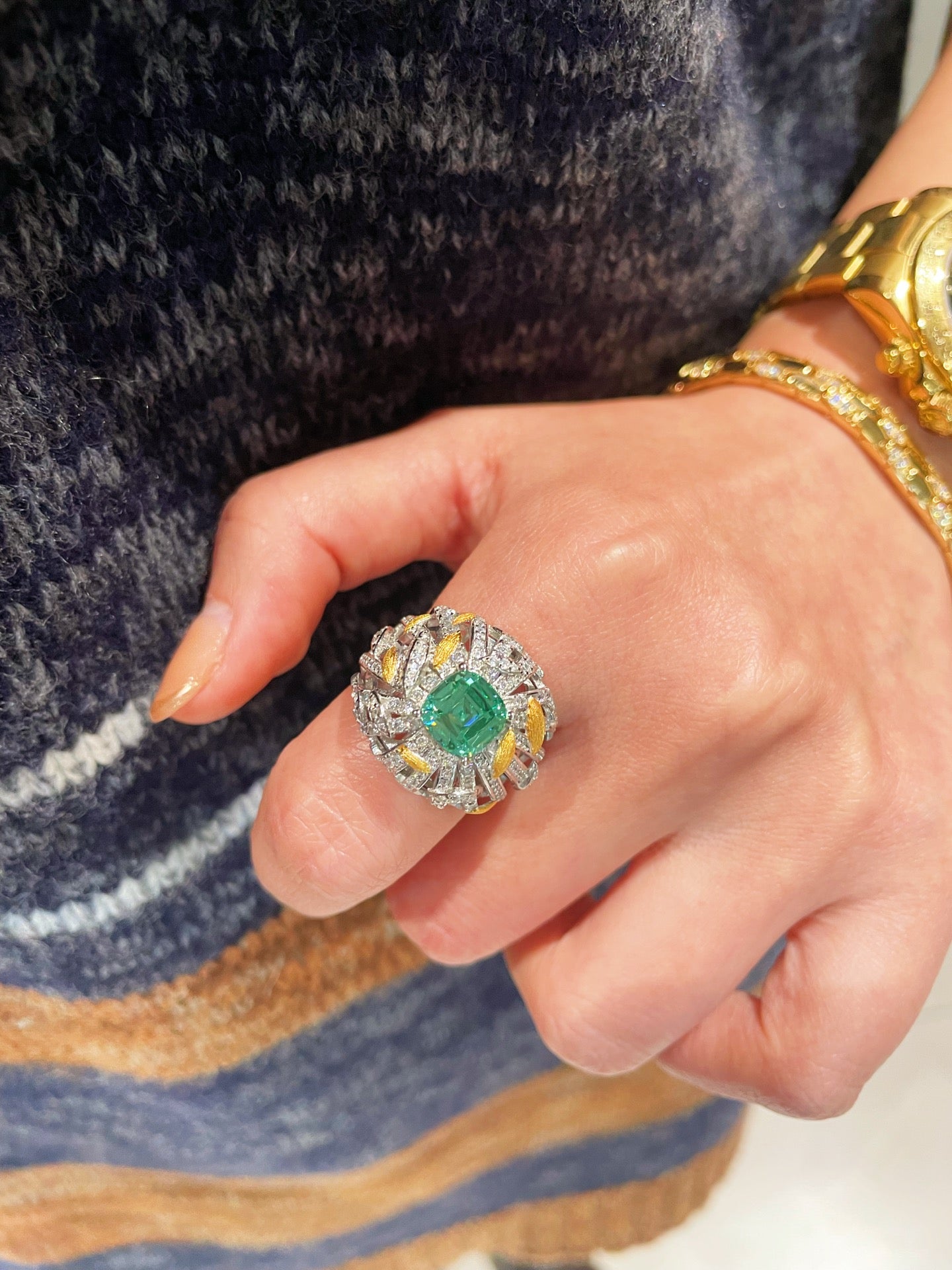 Gold Brushed Leaf Palace - Inspired Green Tourmaline Ring - floysun