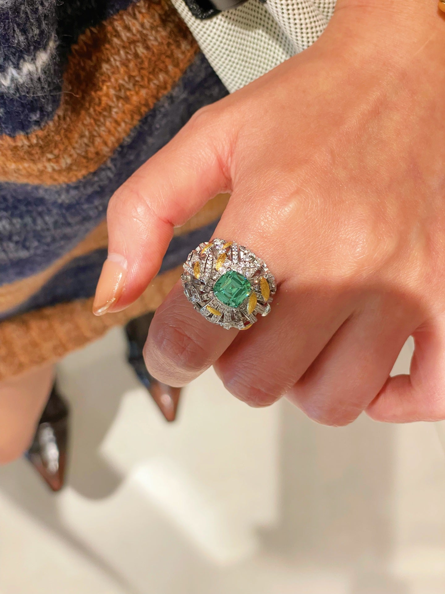 Gold Brushed Leaf Palace - Inspired Green Tourmaline Ring - floysun