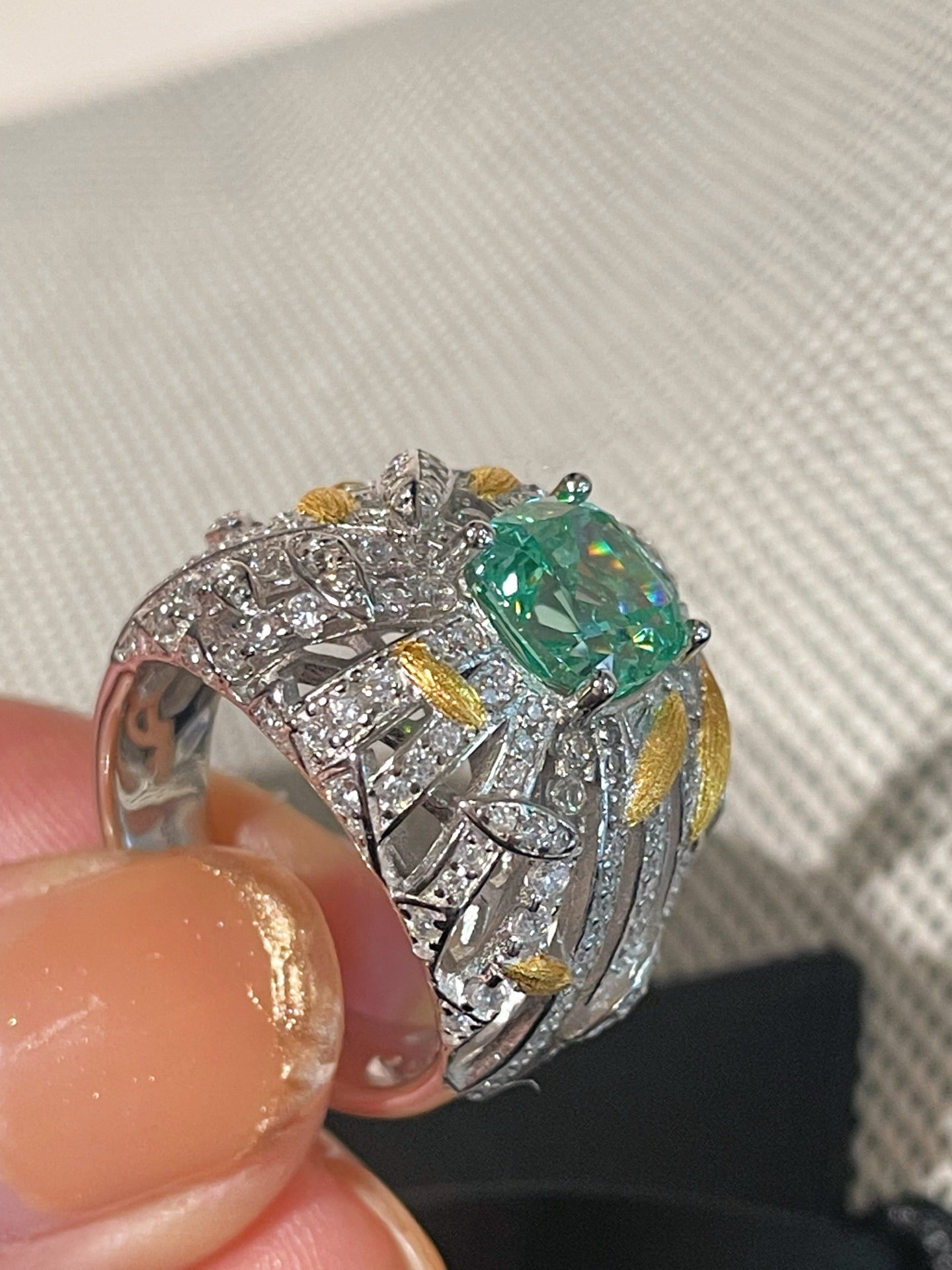 Gold Brushed Leaf Palace - Inspired Green Tourmaline Ring - floysun