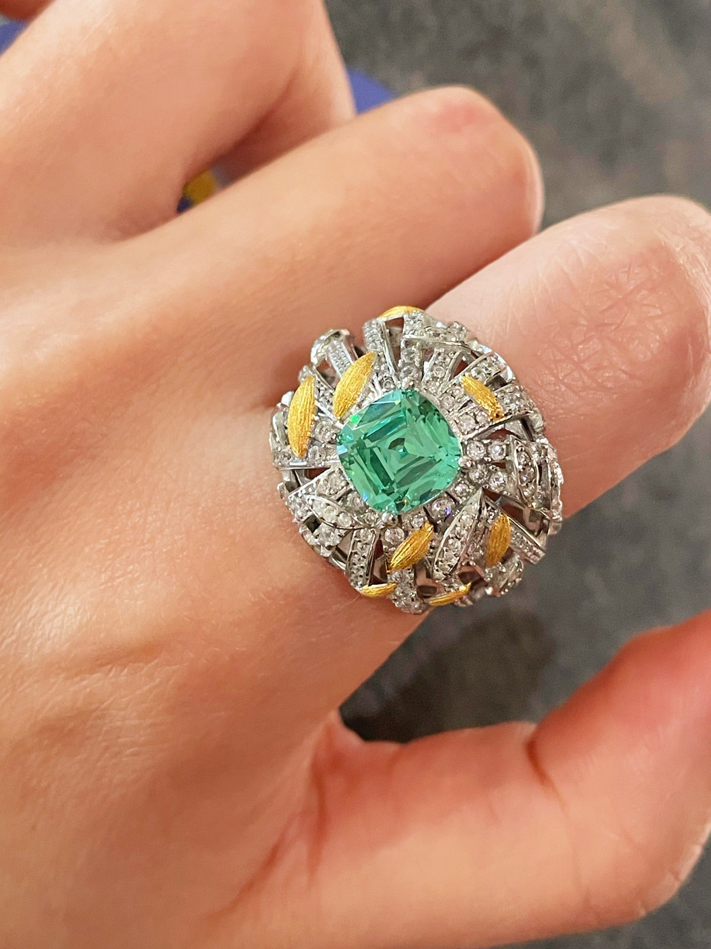 Gold Brushed Leaf Palace - Inspired Green Tourmaline Ring - floysun