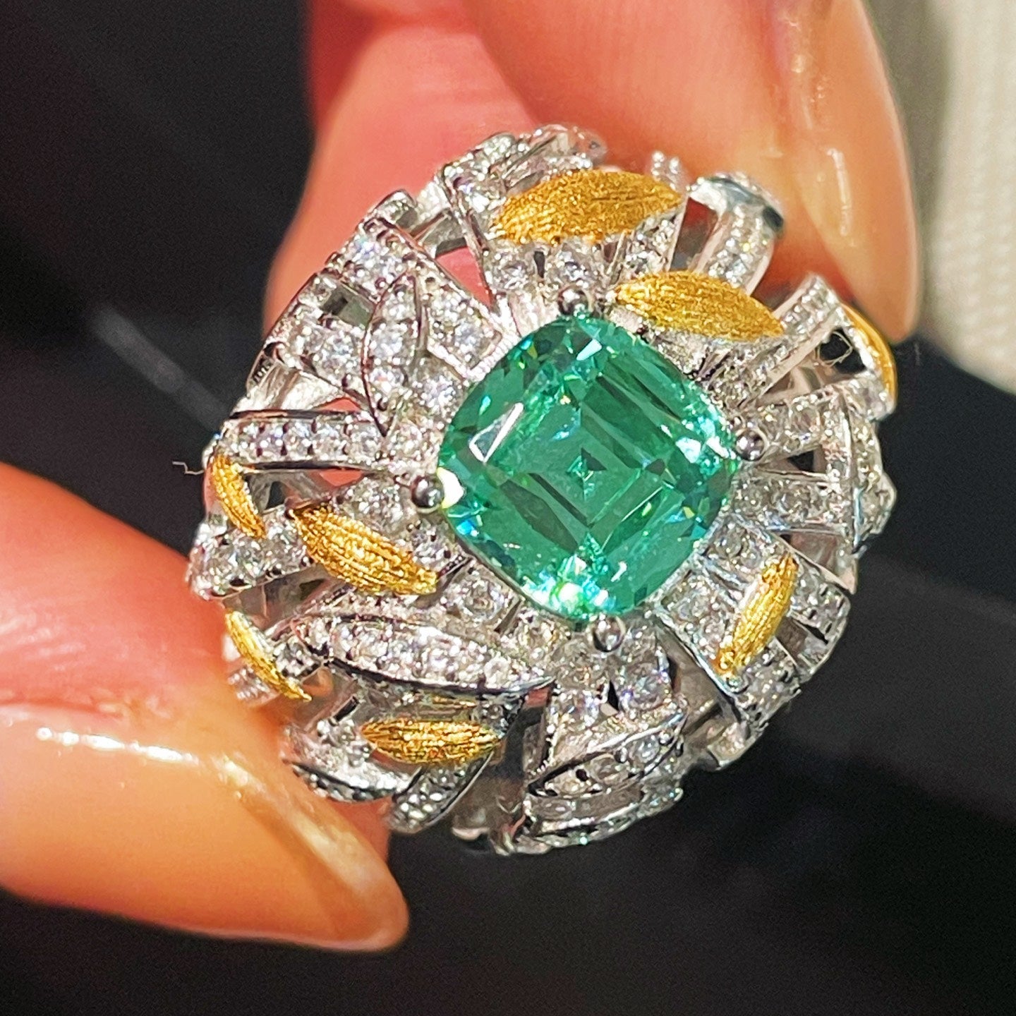 Gold Brushed Leaf Palace - Inspired Green Tourmaline Ring - floysun