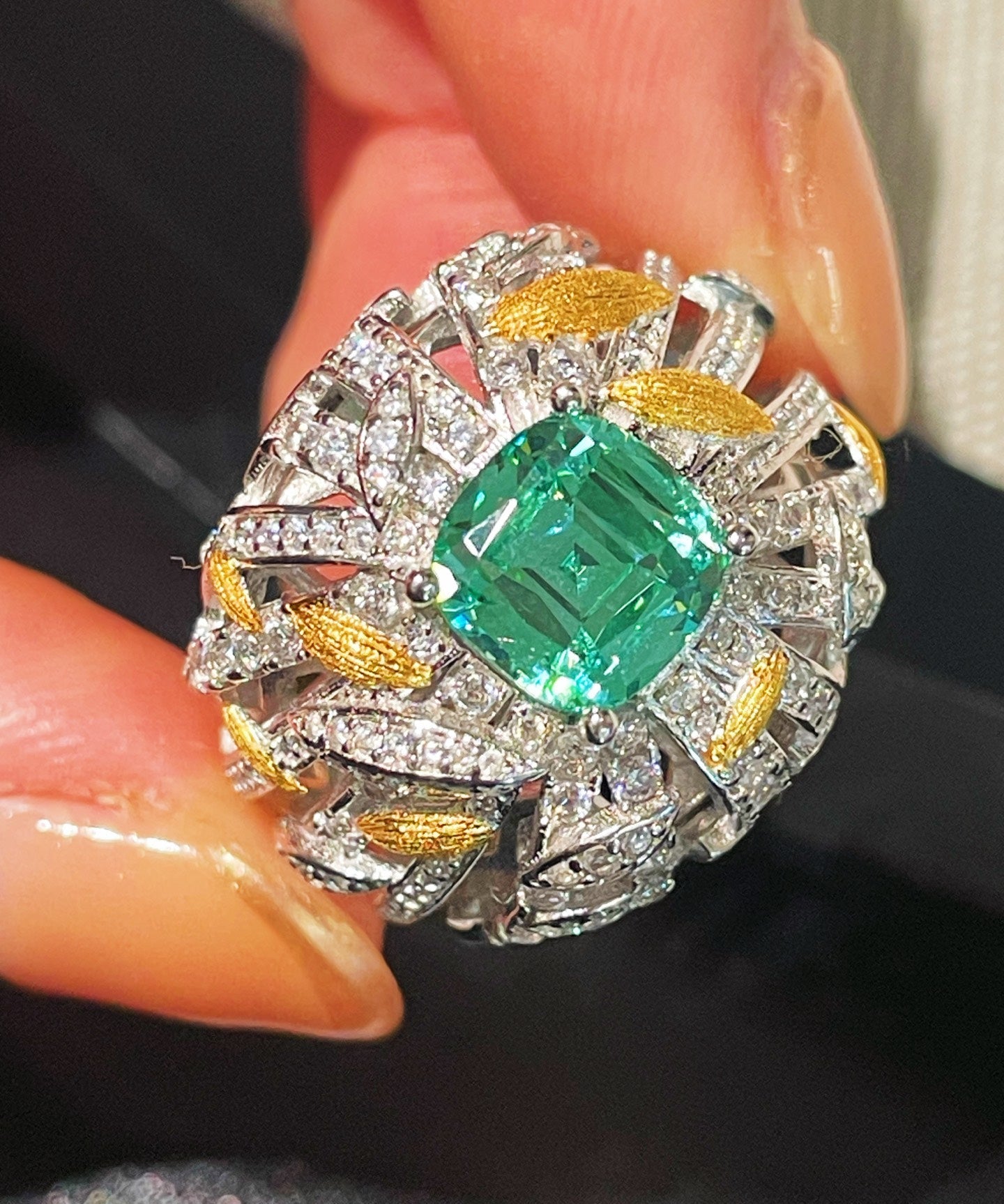 Gold Brushed Leaf Palace - Inspired Green Tourmaline Ring - floysun