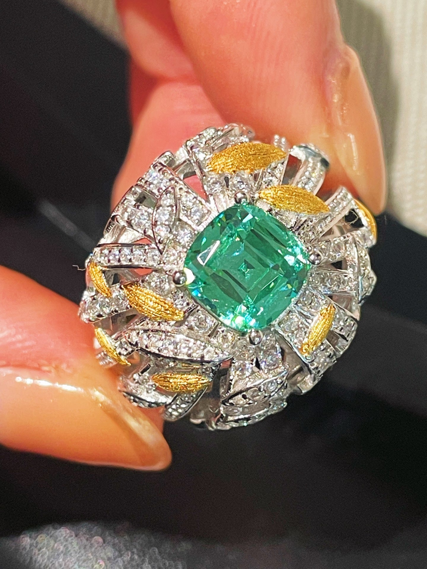 Gold Brushed Leaf Palace - Inspired Green Tourmaline Ring - floysun