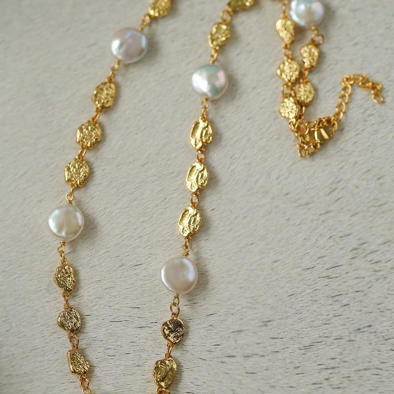 Gold Coin Lava Button Baroque Pearl Necklace - floysun