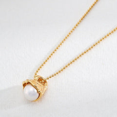 Gold Open Flower Wrapped Pearl Pendant Necklace - floysun