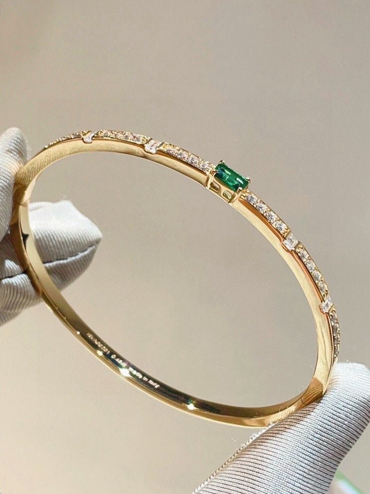Gold Plated Lab - Grown Emerald & Diamond Bangle - floysun