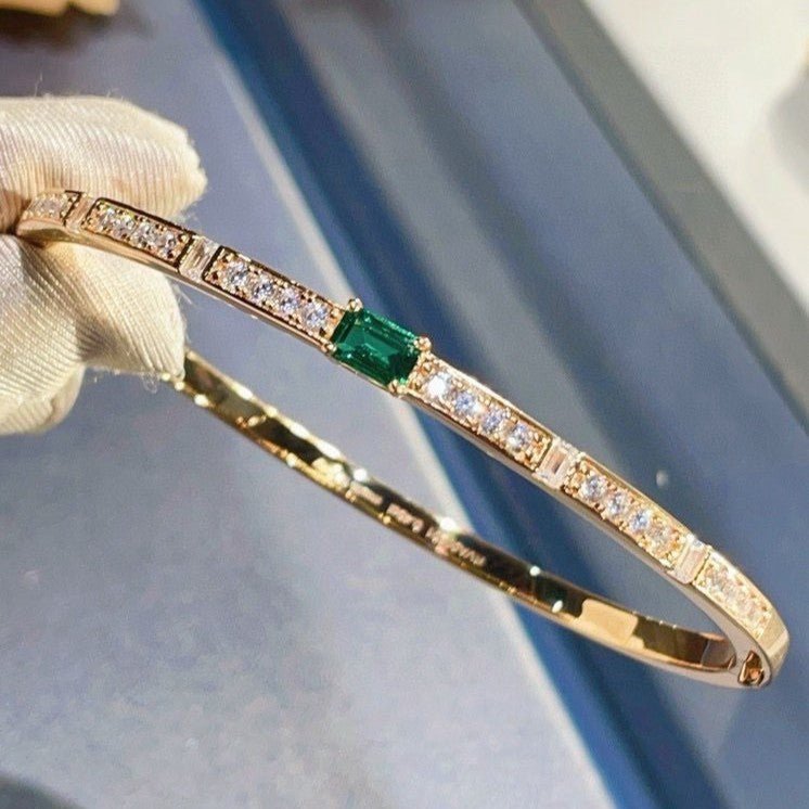 Gold Plated Lab - Grown Emerald & Diamond Bangle - floysun