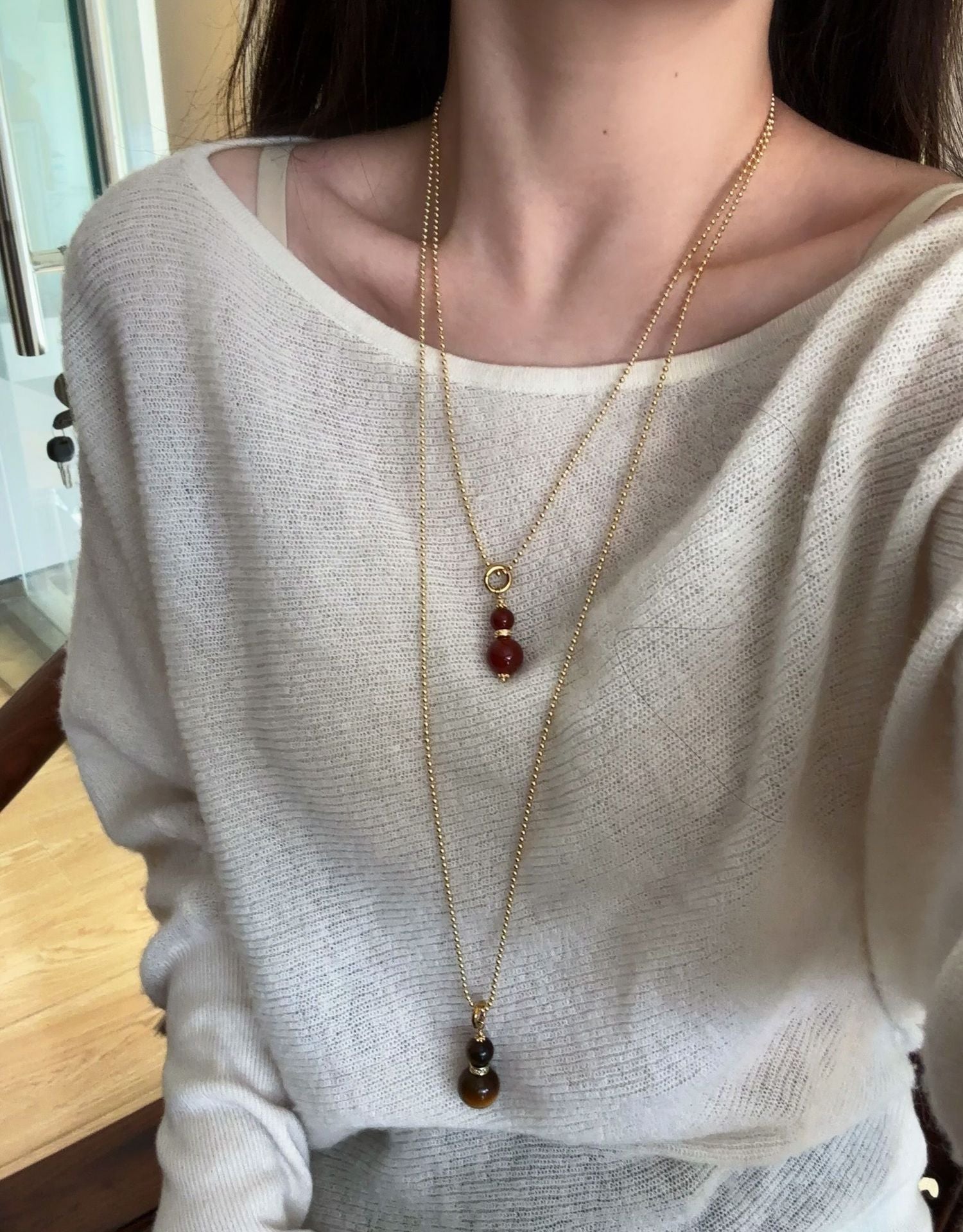 Gourd Pendant Necklace with Tiger’s Eye or Red Agate Adjustable - floysun