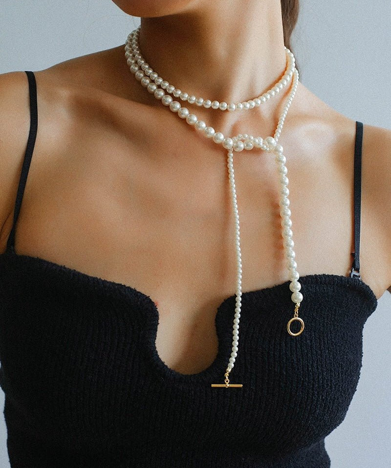 Gradient Pearl Long OT Clasp Necklace Sweater Necklace - floysun