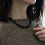 Graduated Black Ebony Wood and Brushed Silver Beaded Necklace - floysun