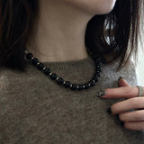 Graduated Black Ebony Wood and Brushed Silver Beaded Necklace - floysun