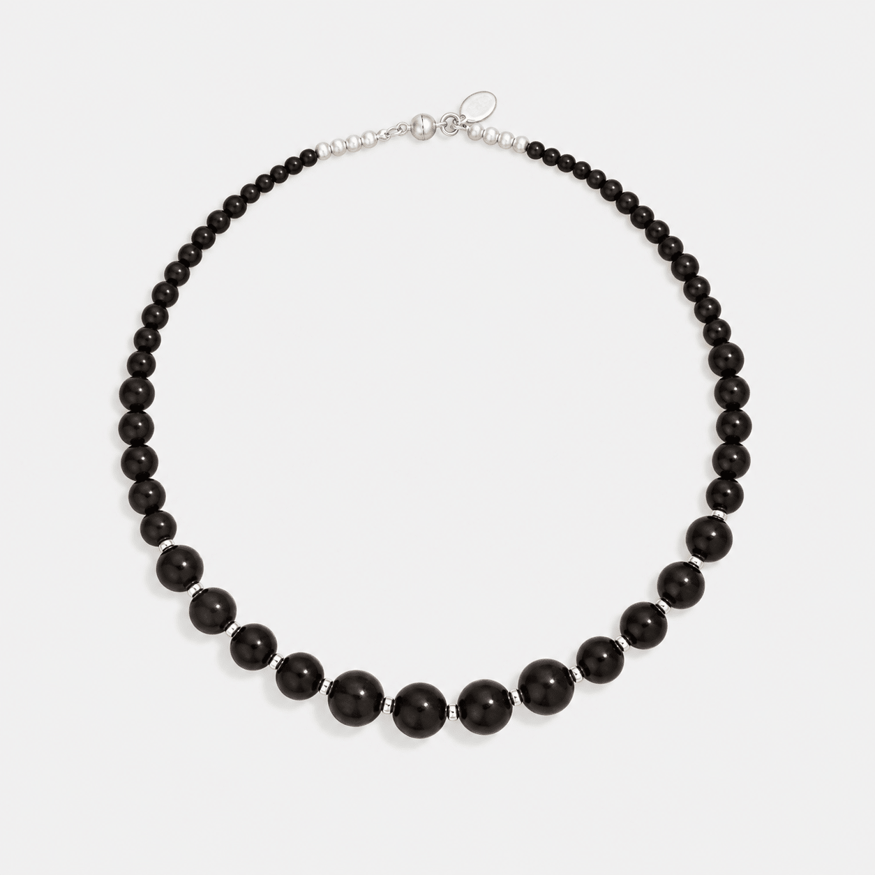Graduated Black Ebony Wood and Brushed Silver Beaded Necklace - floysun