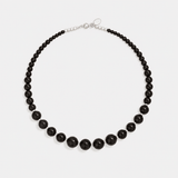 Graduated Black Ebony Wood and Brushed Silver Beaded Necklace - floysun