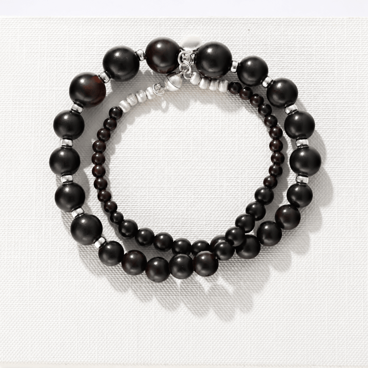Graduated Black Ebony Wood and Brushed Silver Beaded Necklace - floysun