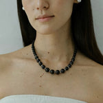 Graduated Black Ebony Wood and Brushed Silver Beaded Necklace - floysun