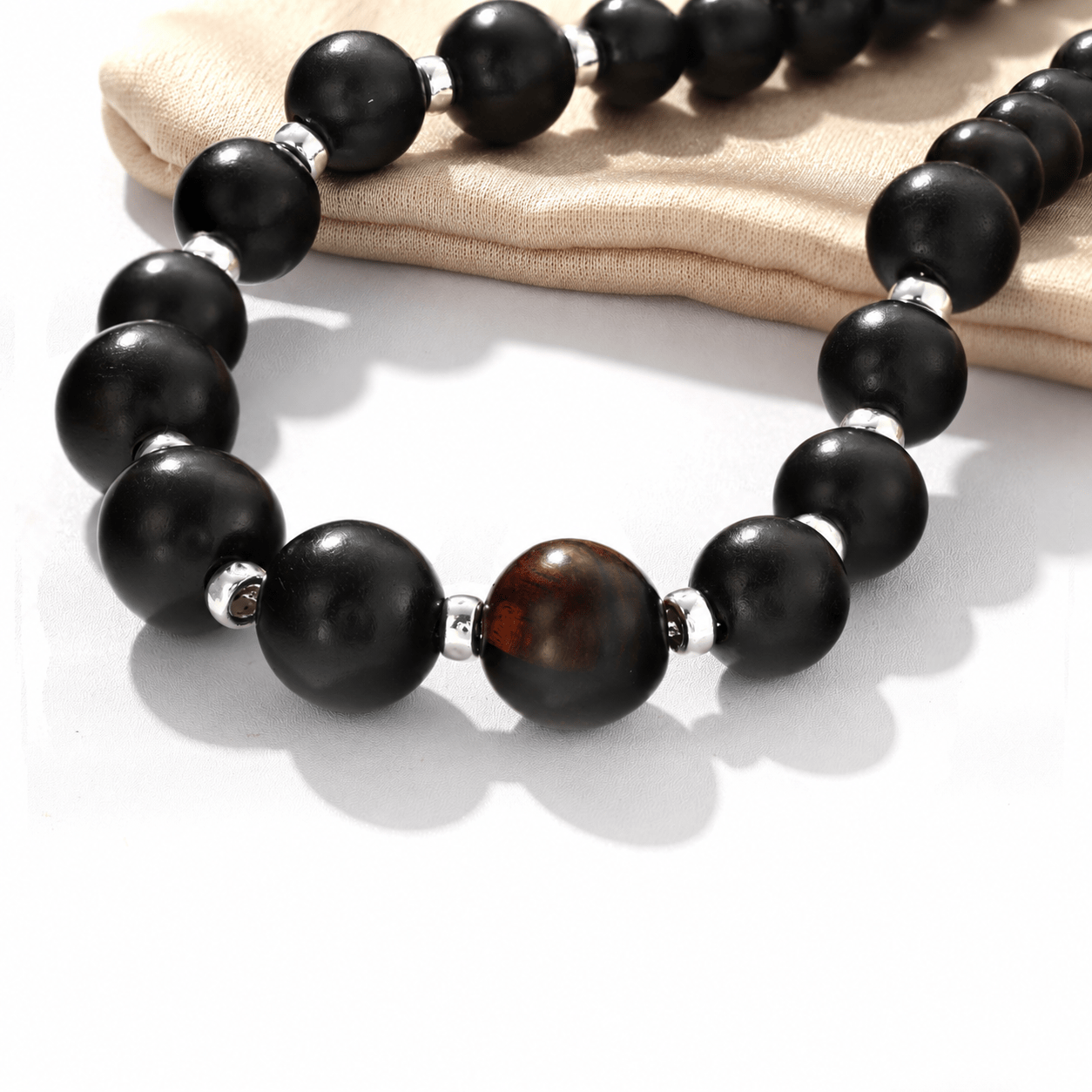 Graduated Black Ebony Wood and Brushed Silver Beaded Necklace - floysun