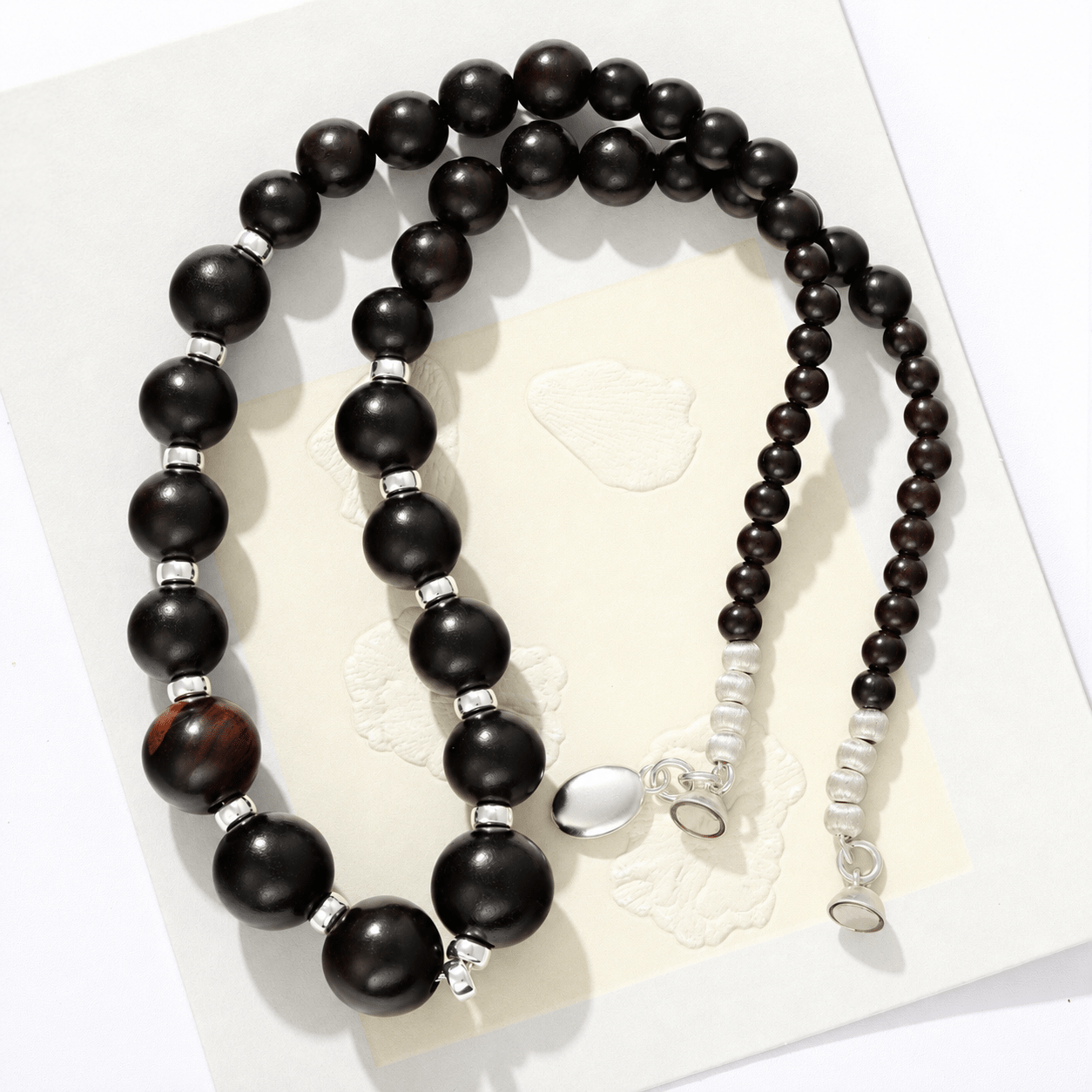Graduated Black Ebony Wood and Brushed Silver Beaded Necklace - floysun