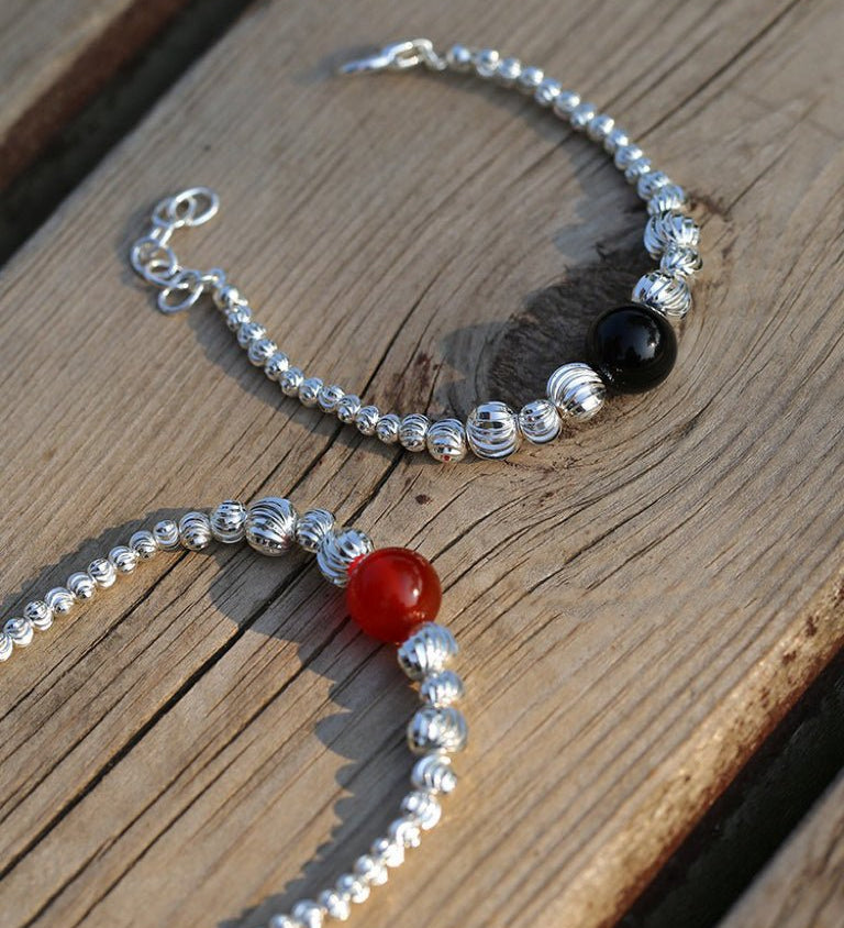 Graduated Silver Bean and Onyx Bracelet - Black Onyx - floysun