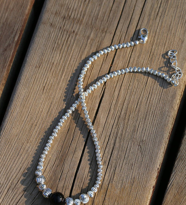 Graduated Silver Bean and Onyx Necklace - Black Onyx - floysun