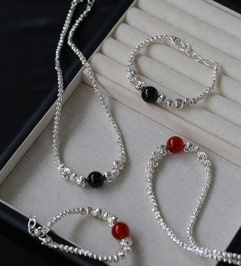 Graduated Silver Bean and Onyx Necklace - Black Onyx - floysun